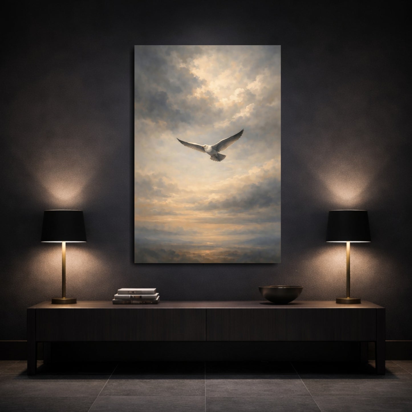 Mockup 2. Birds Flying Seagull Seagull Cloudy Sky shown as stretched canvas wall art