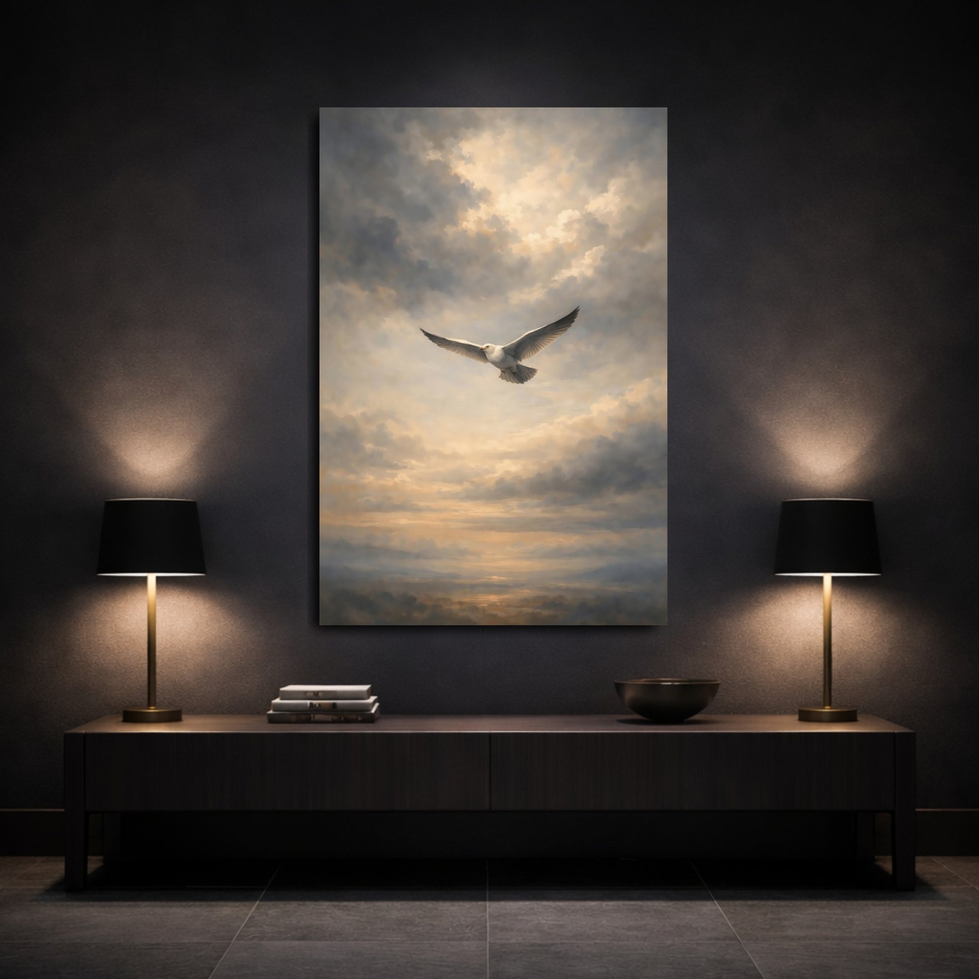 Mockup 2. Birds Flying Seagull Seagull Cloudy Sky shown as stretched canvas wall art