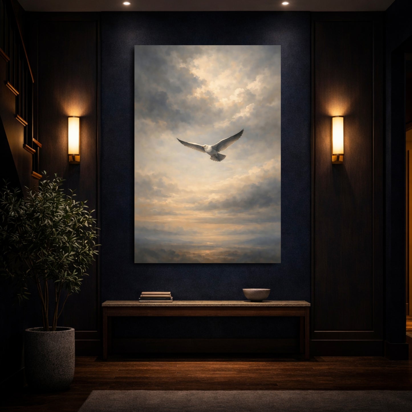 Mockup 3. Birds Flying Seagull Seagull Cloudy Sky shown as stretched canvas wall art