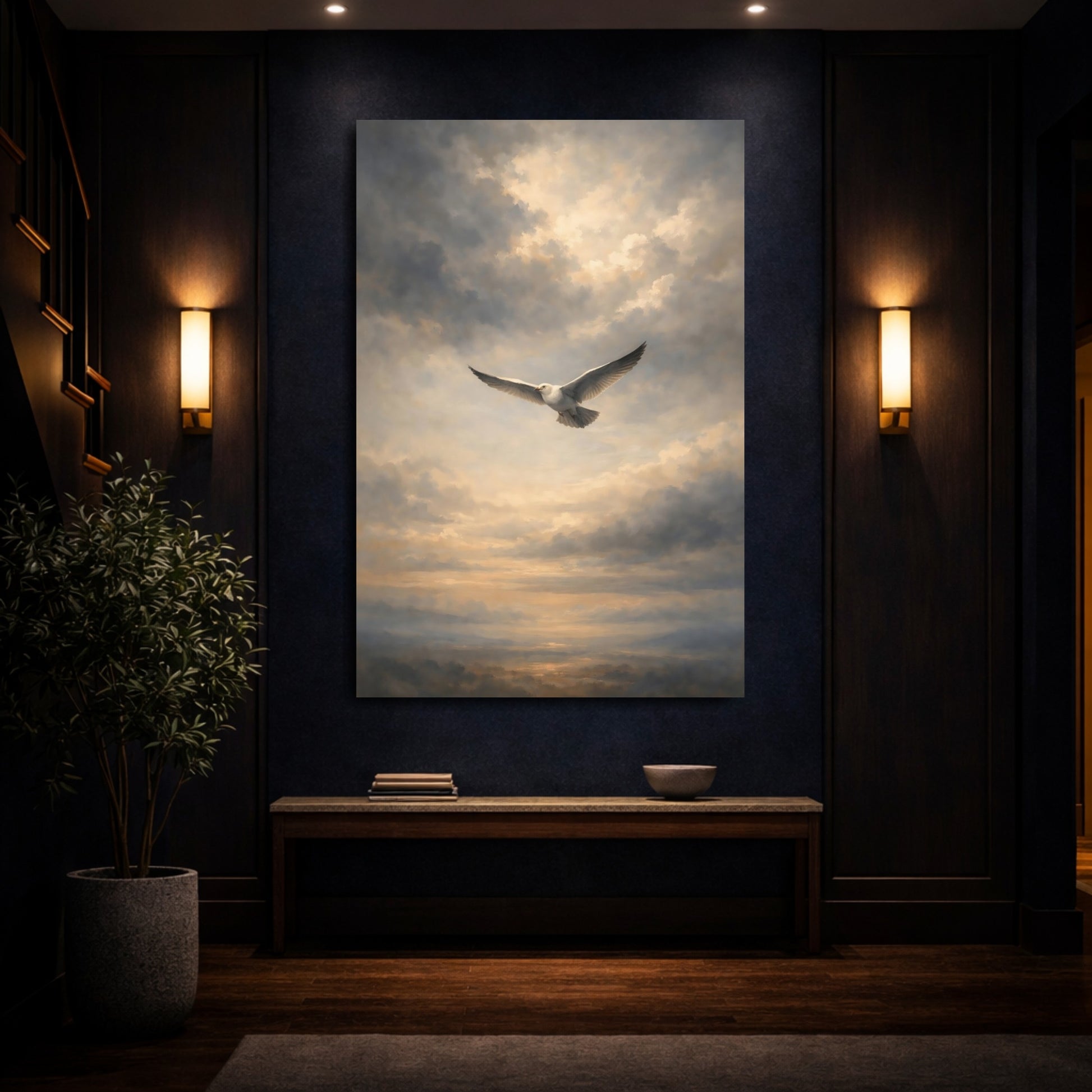 Mockup 3. Birds Flying Seagull Seagull Cloudy Sky shown as stretched canvas wall art