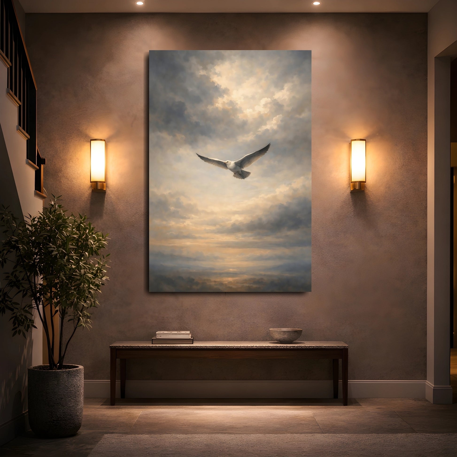 Mockup 4. Birds Flying Seagull Seagull Cloudy Sky shown as stretched canvas wall art