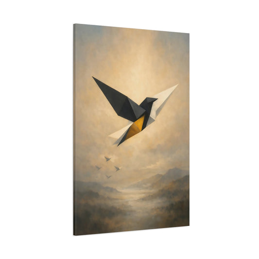 Main Mockup. Birds Geometric Bird Black Gold Abstract shown as stretched canvas wall art