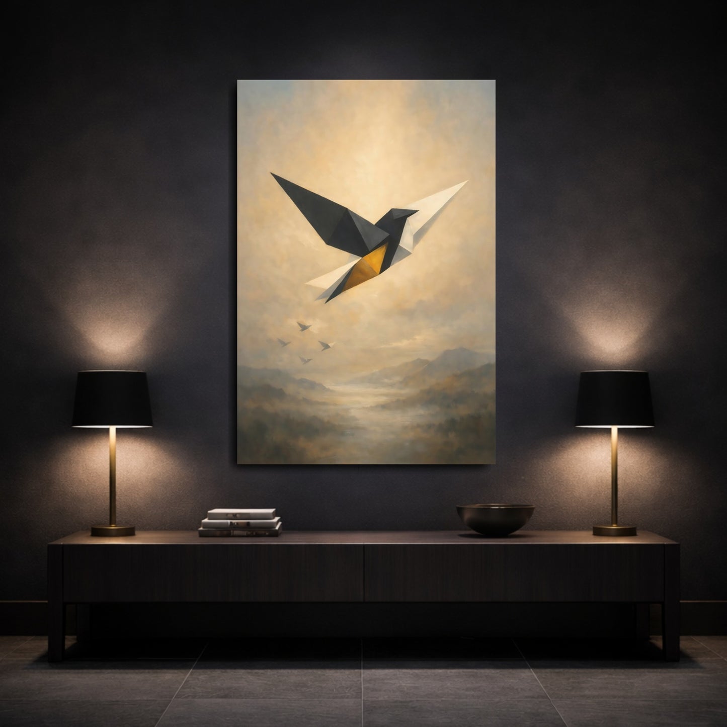 Mockup 2. Birds Geometric Bird Black Gold Abstract shown as stretched canvas wall art