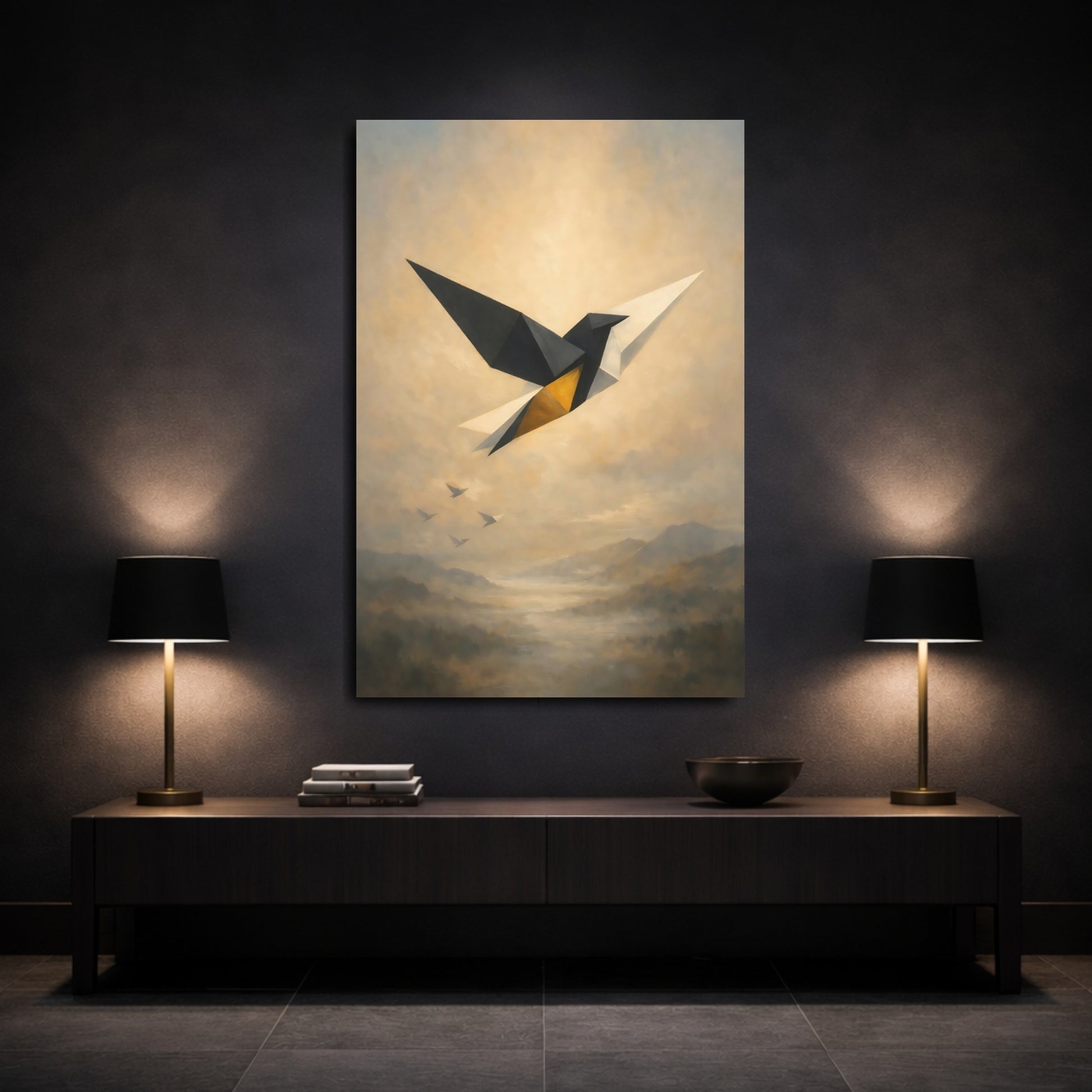 Mockup 2. Birds Geometric Bird Black Gold Abstract shown as stretched canvas wall art