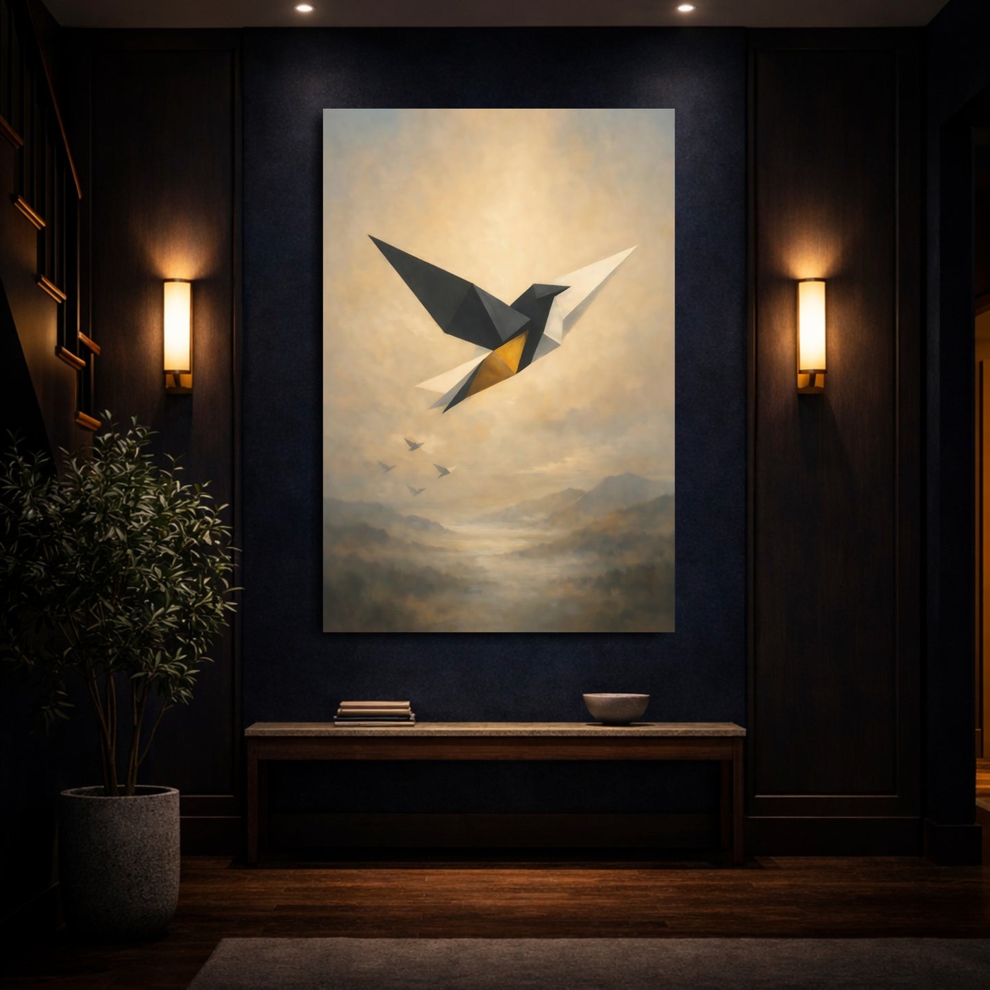 Mockup 3. Birds Geometric Bird Black Gold Abstract shown as stretched canvas wall art