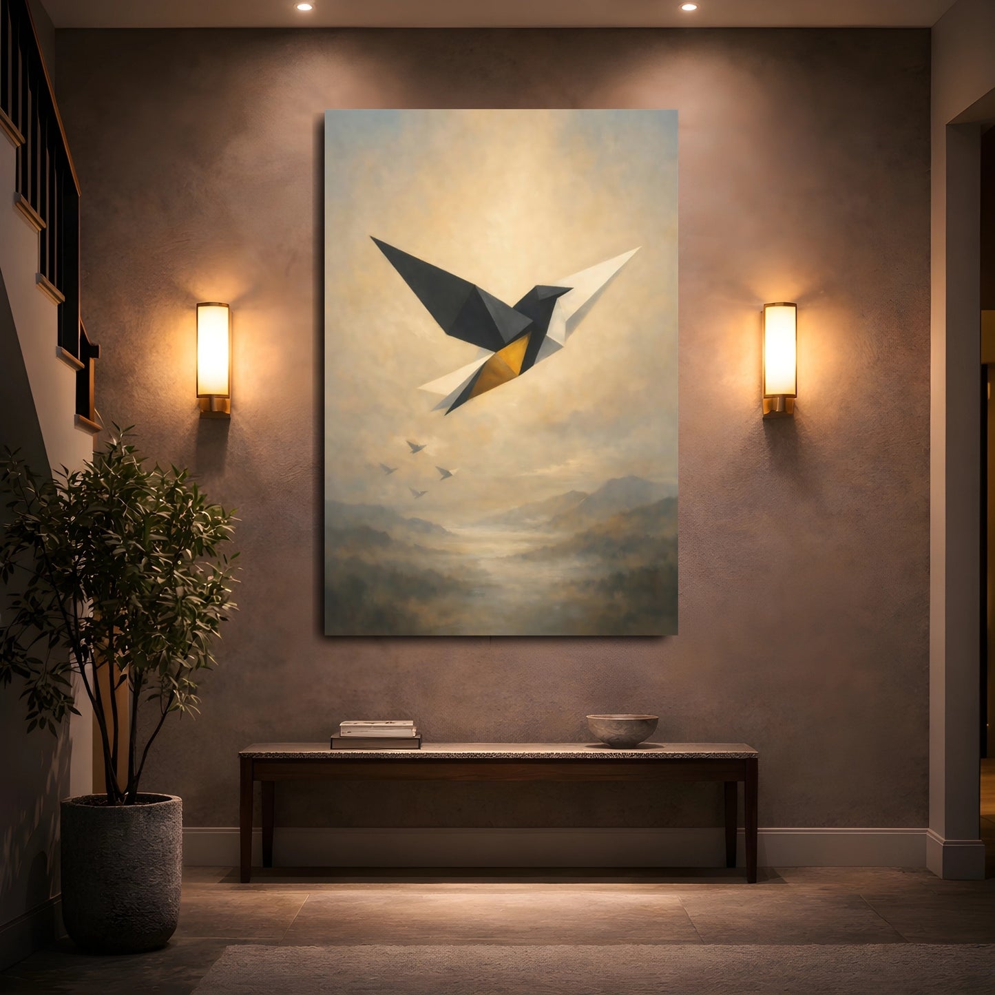Mockup 4. Birds Geometric Bird Black Gold Abstract shown as stretched canvas wall art