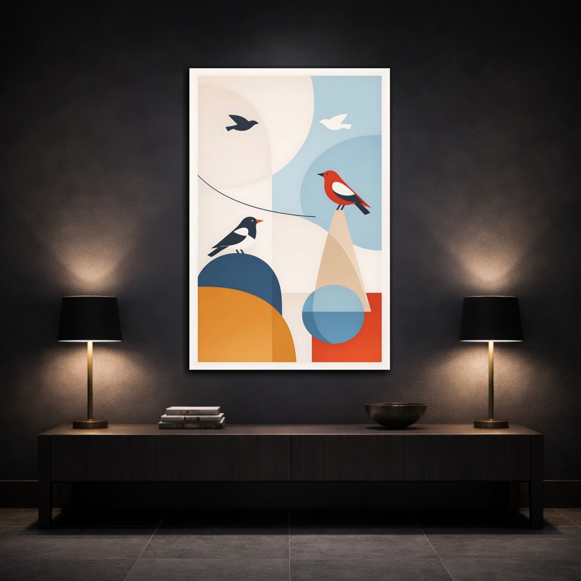 Mockup 2. Birds Geometric Birds Geometric Birds shown as stretched canvas wall art