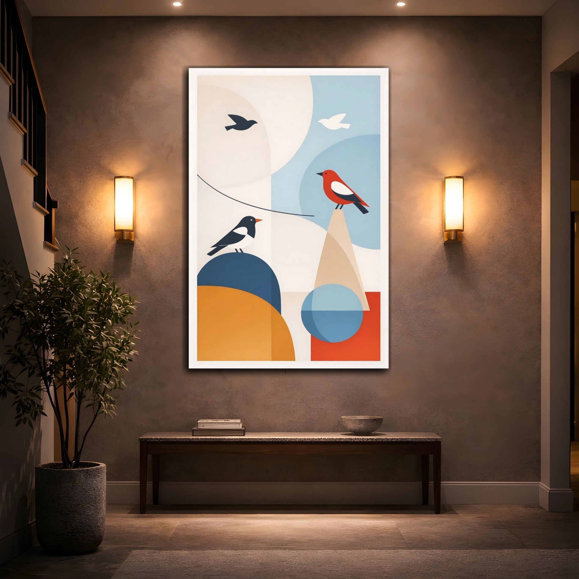 Mockup 3. Birds Geometric Birds Geometric Birds shown as stretched canvas wall art