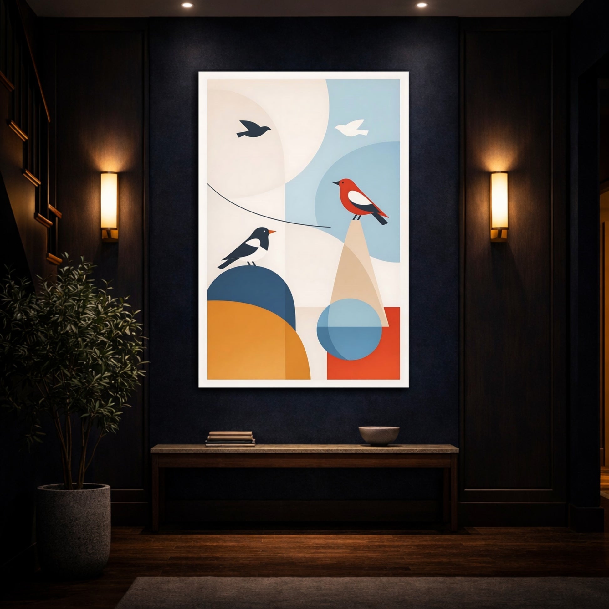 Mockup 4. Birds Geometric Birds Geometric Birds shown as stretched canvas wall art