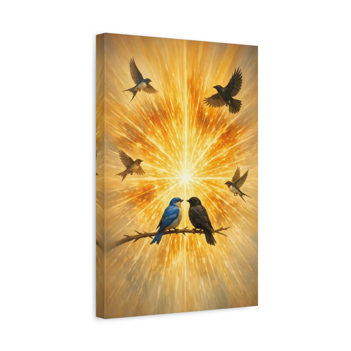 Side Mockup 4. Birds Birds Golden Birds shown as stretched canvas wall art