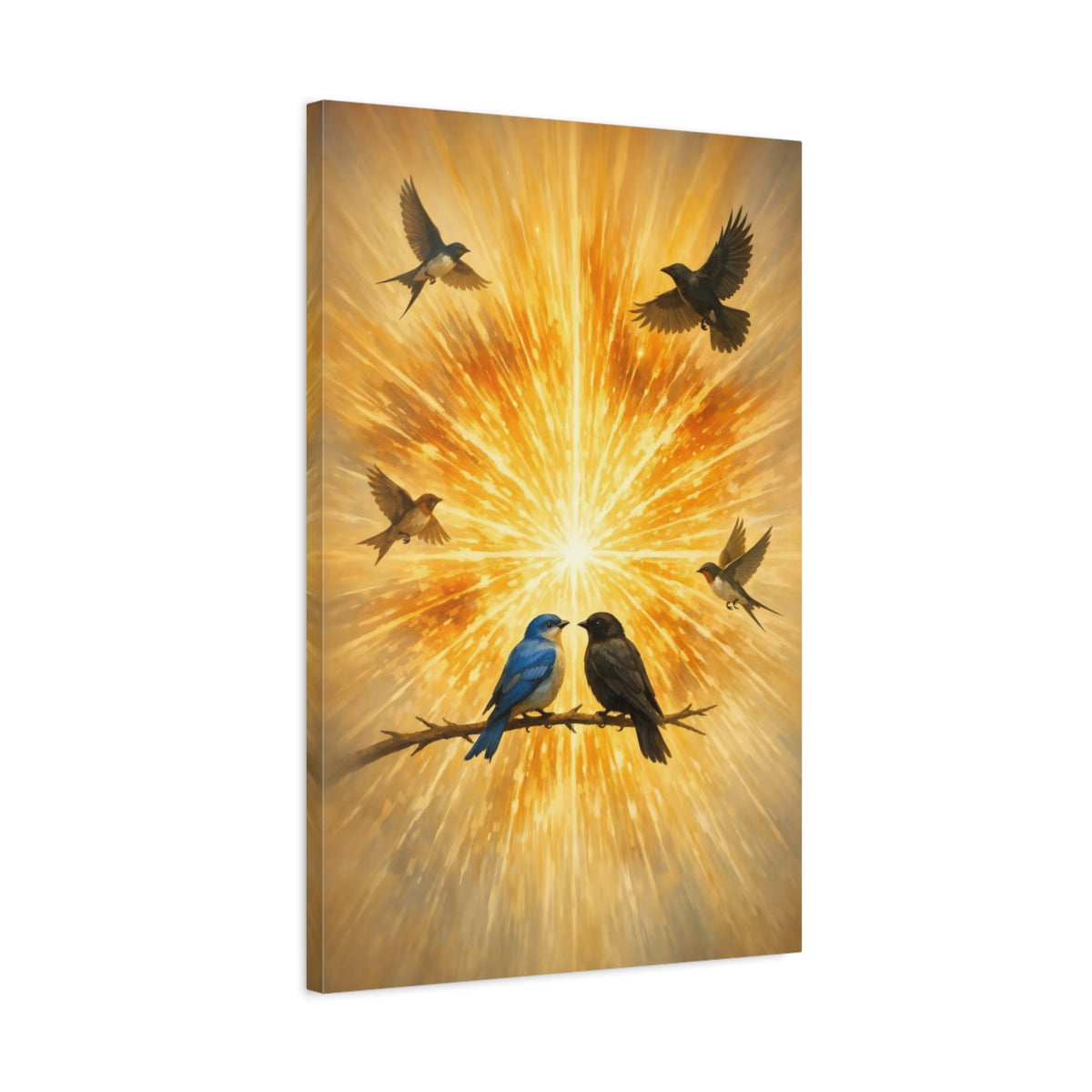 Side Mockup 2. Birds Birds Golden Birds shown as stretched canvas wall art