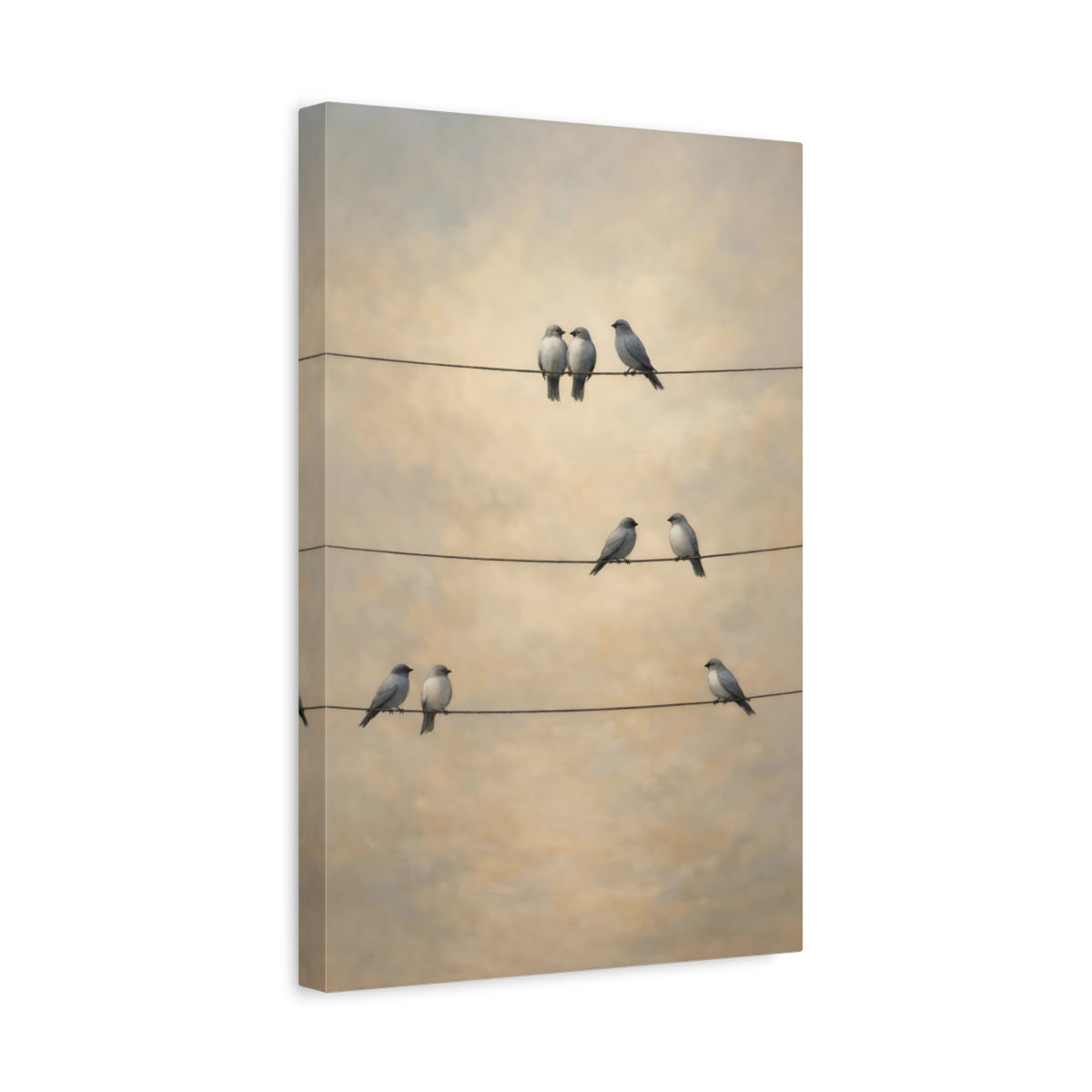 Side Mockup 4. Birds Birds Gray Birds Beige shown as stretched canvas wall art