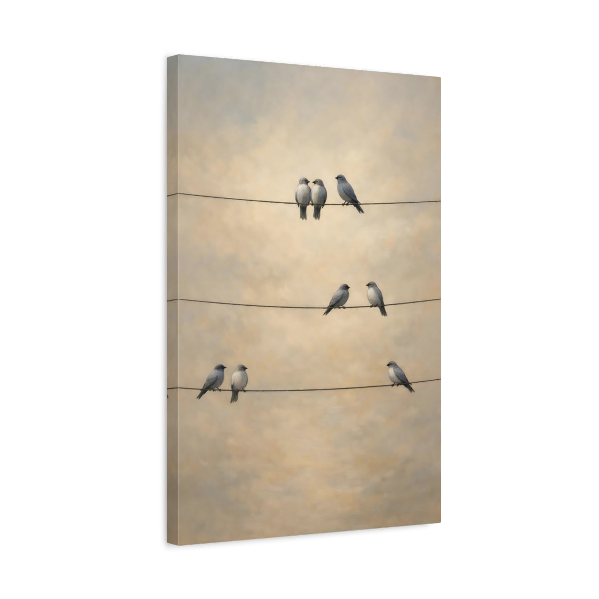 Side Mockup 3. Birds Birds Gray Birds Beige shown as stretched canvas wall art
