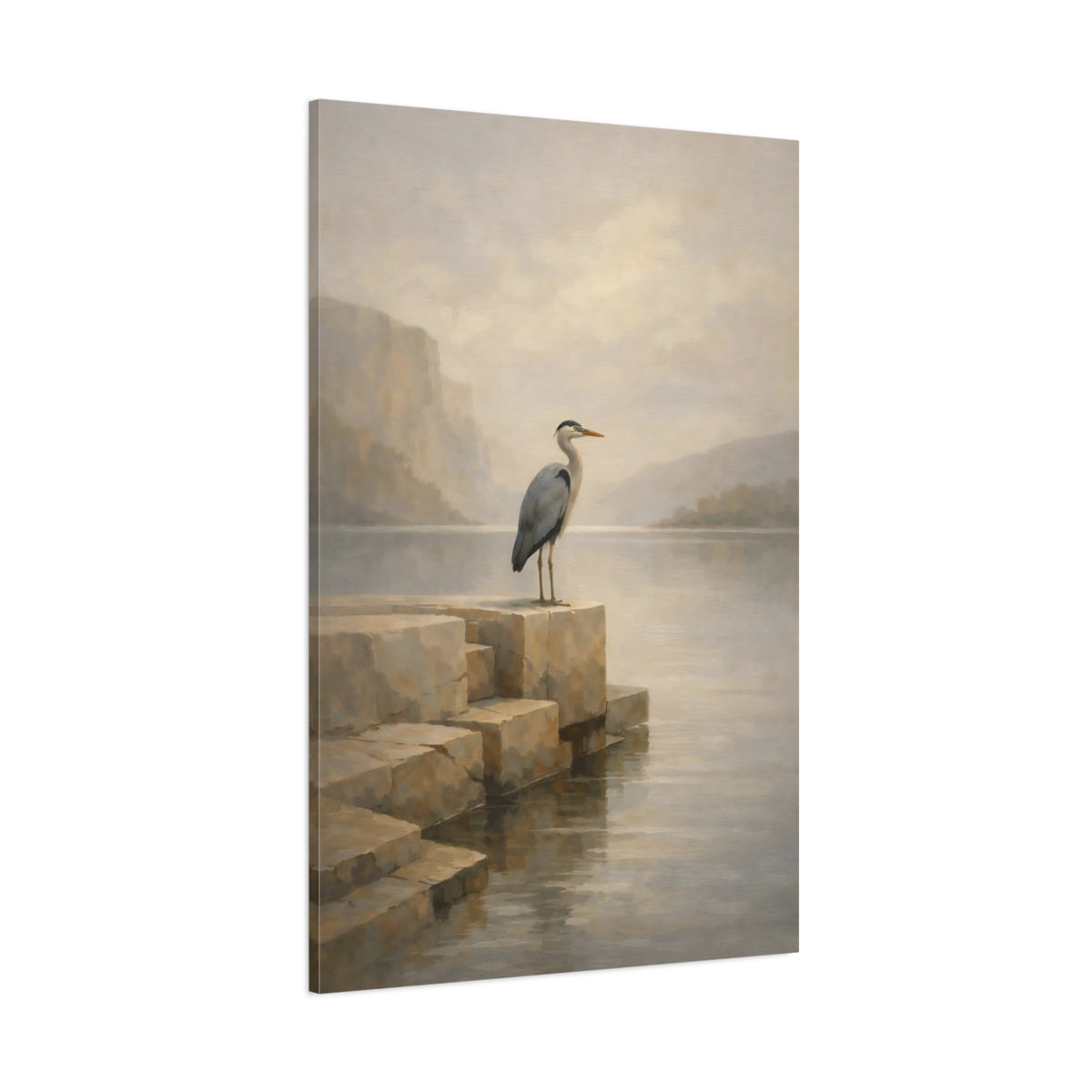 Main Mockup. Birds Heron Misty Lake Heron shown as stretched canvas wall art
