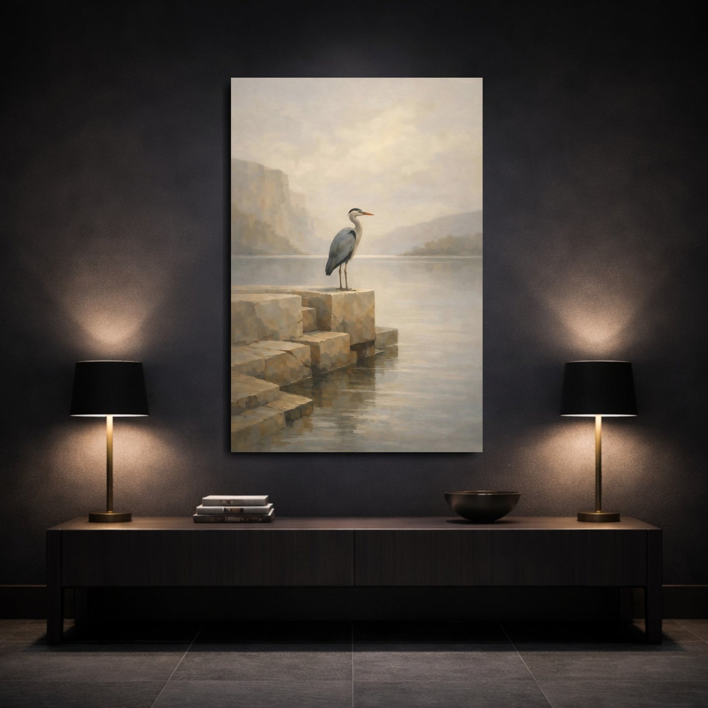 Mockup 2. Birds Heron Misty Lake Heron shown as stretched canvas wall art