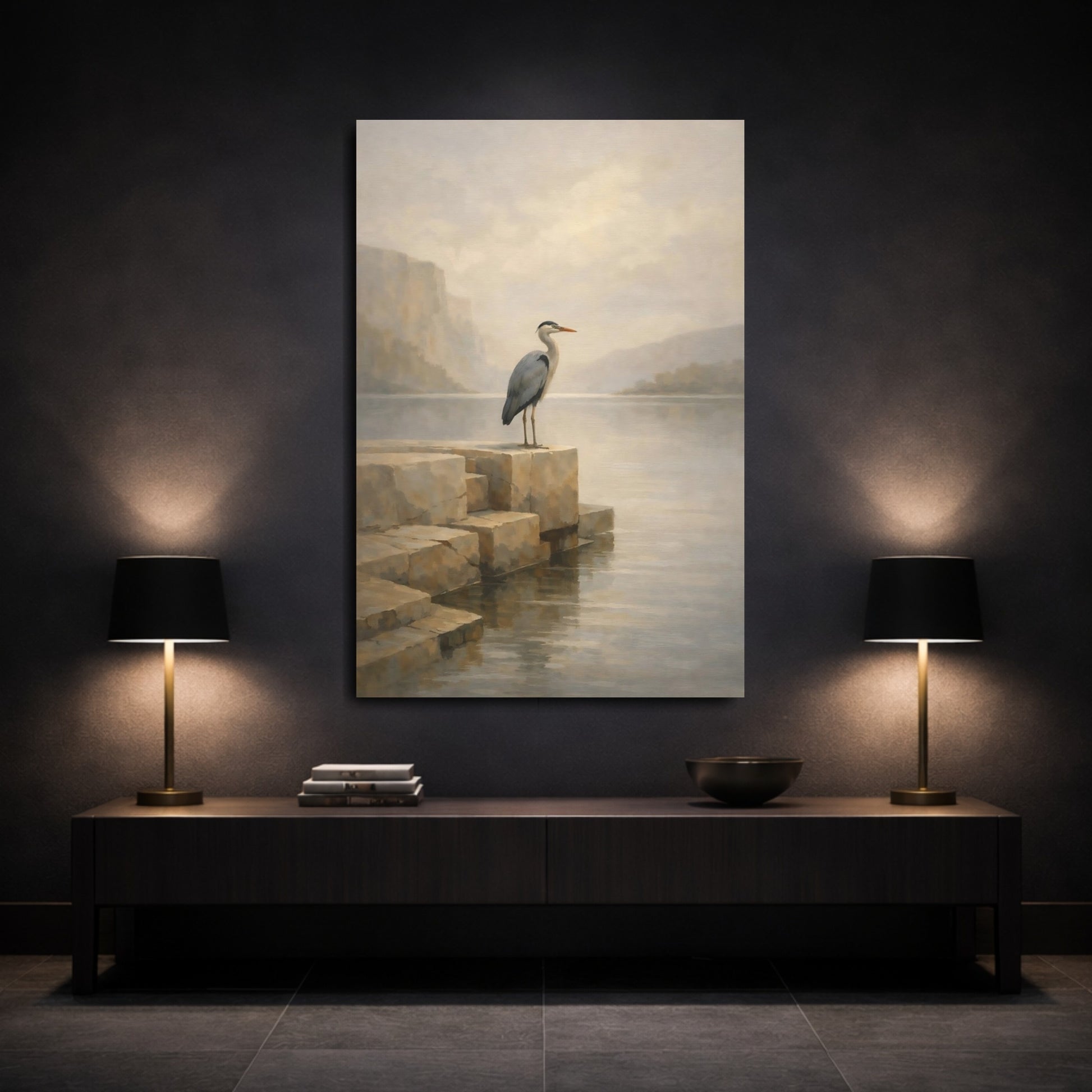 Mockup 2. Birds Heron Misty Lake Heron shown as stretched canvas wall art