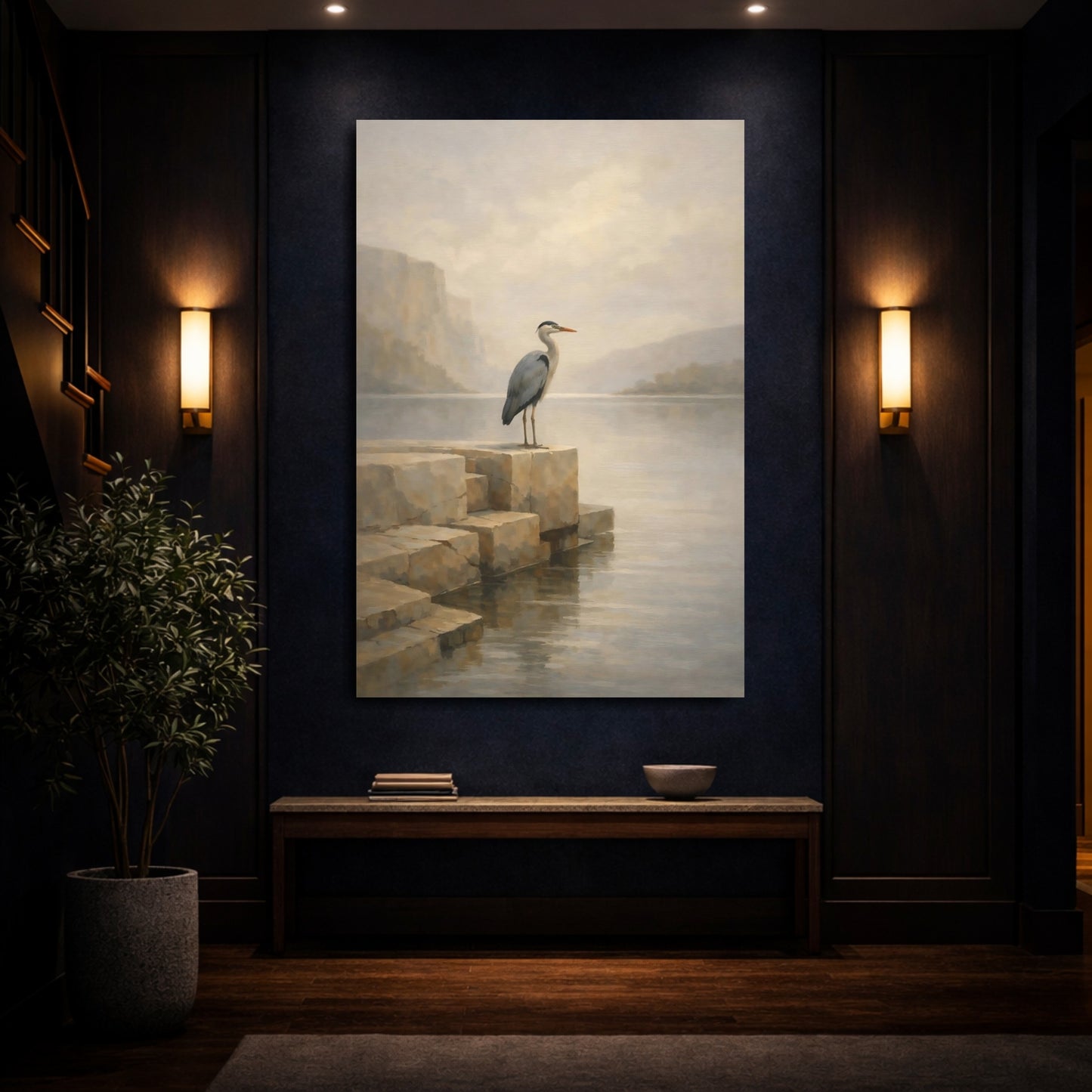 Mockup 3. Birds Heron Misty Lake Heron shown as stretched canvas wall art