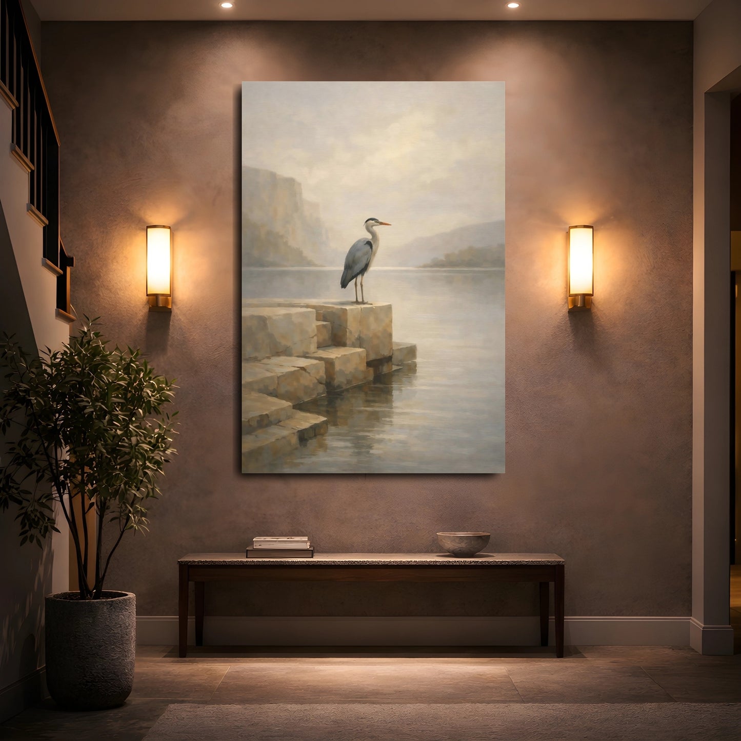 Mockup 4. Birds Heron Misty Lake Heron shown as stretched canvas wall art