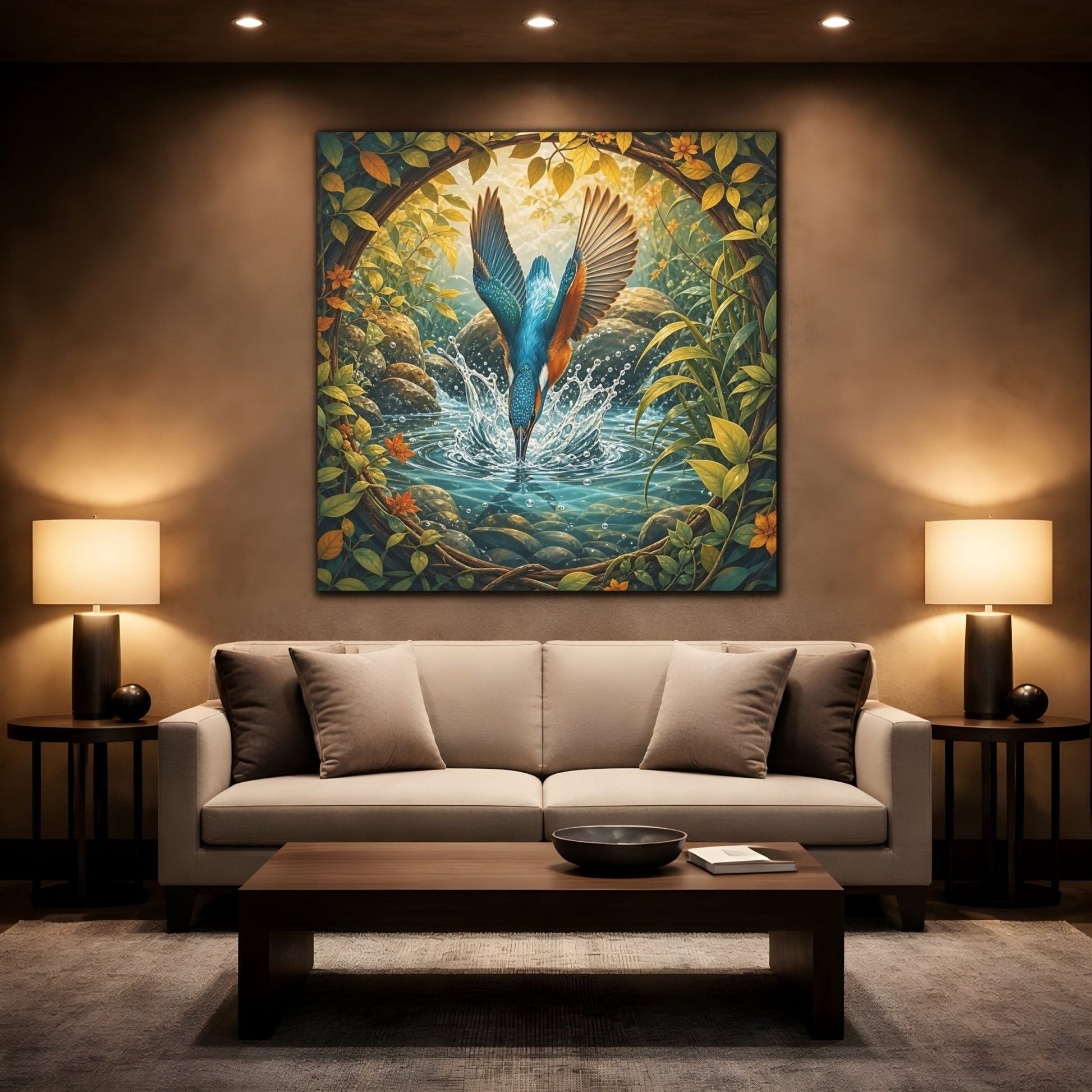 Birds Kingfisher Blue Canvas Print – Illustrative Living Room, Above Fireplace - YesArtYes