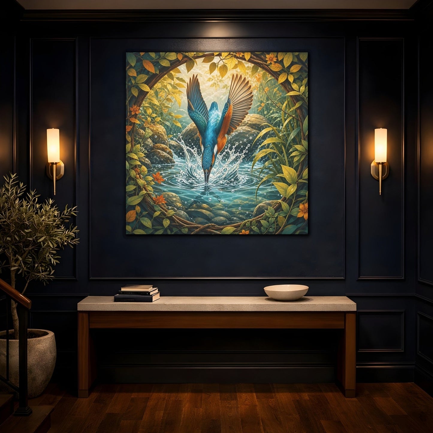 Birds Kingfisher Blue Canvas Print – Illustrative Living Room, Above Fireplace - YesArtYes
