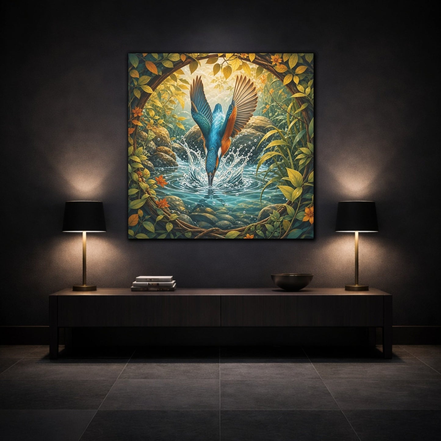Birds Kingfisher Blue Canvas Print – Illustrative Living Room, Above Fireplace - YesArtYes