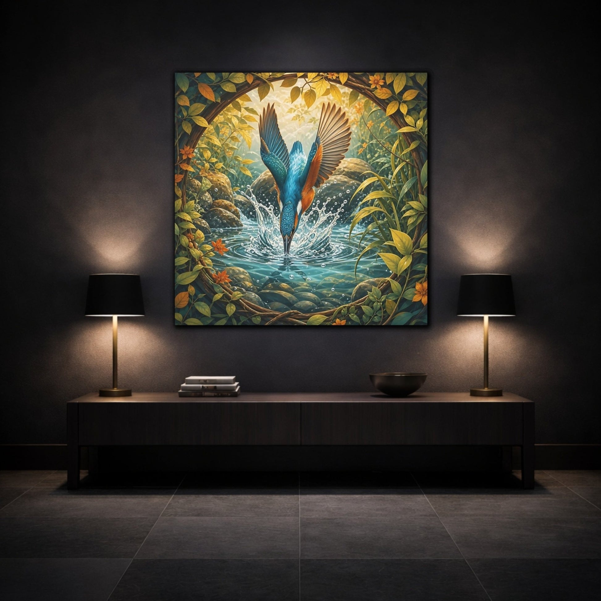 Birds Kingfisher Blue Canvas Print – Illustrative Living Room, Above Fireplace - YesArtYes
