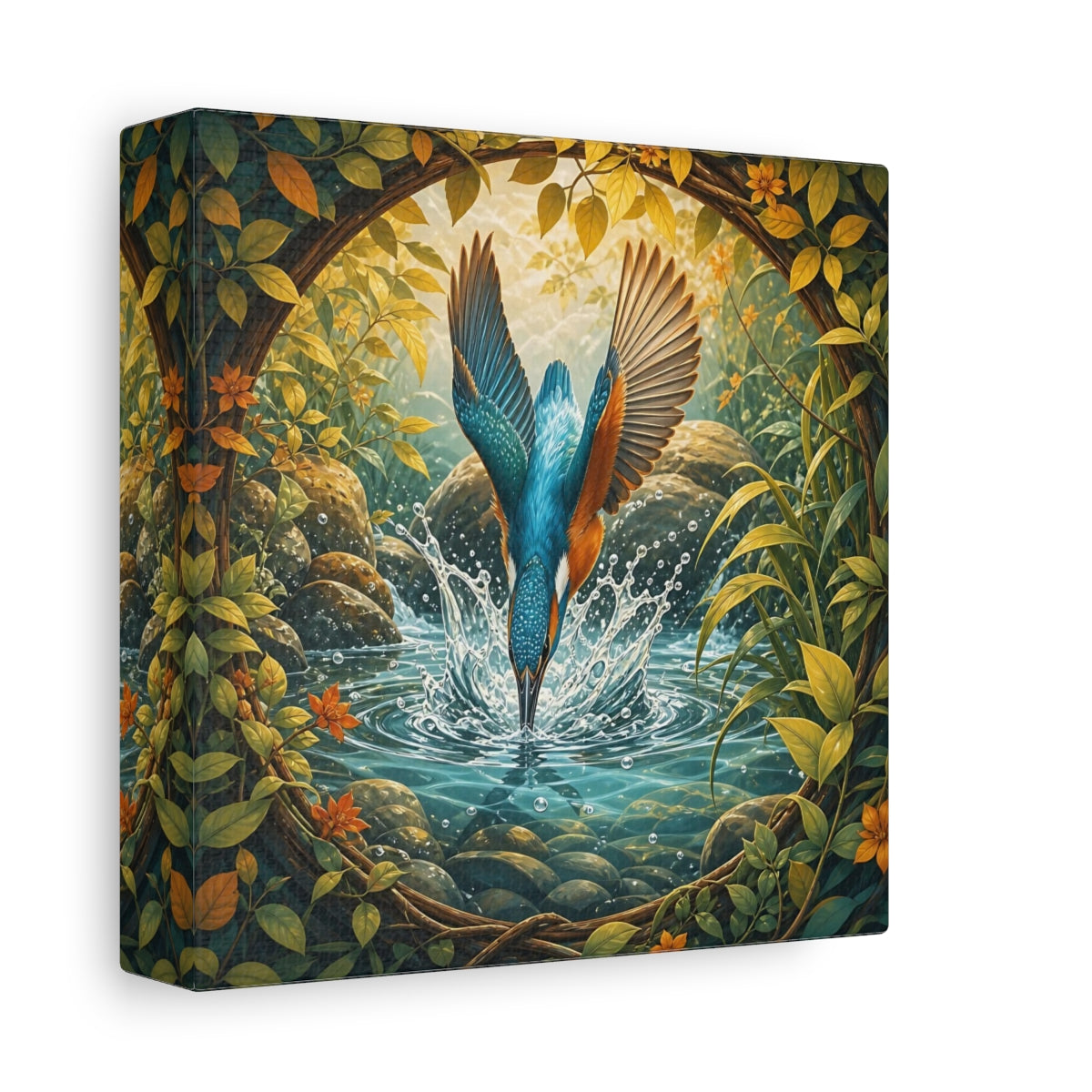 Side Mockup 2. Birds Kingfisher Blue Kingfisher shown as canvas print