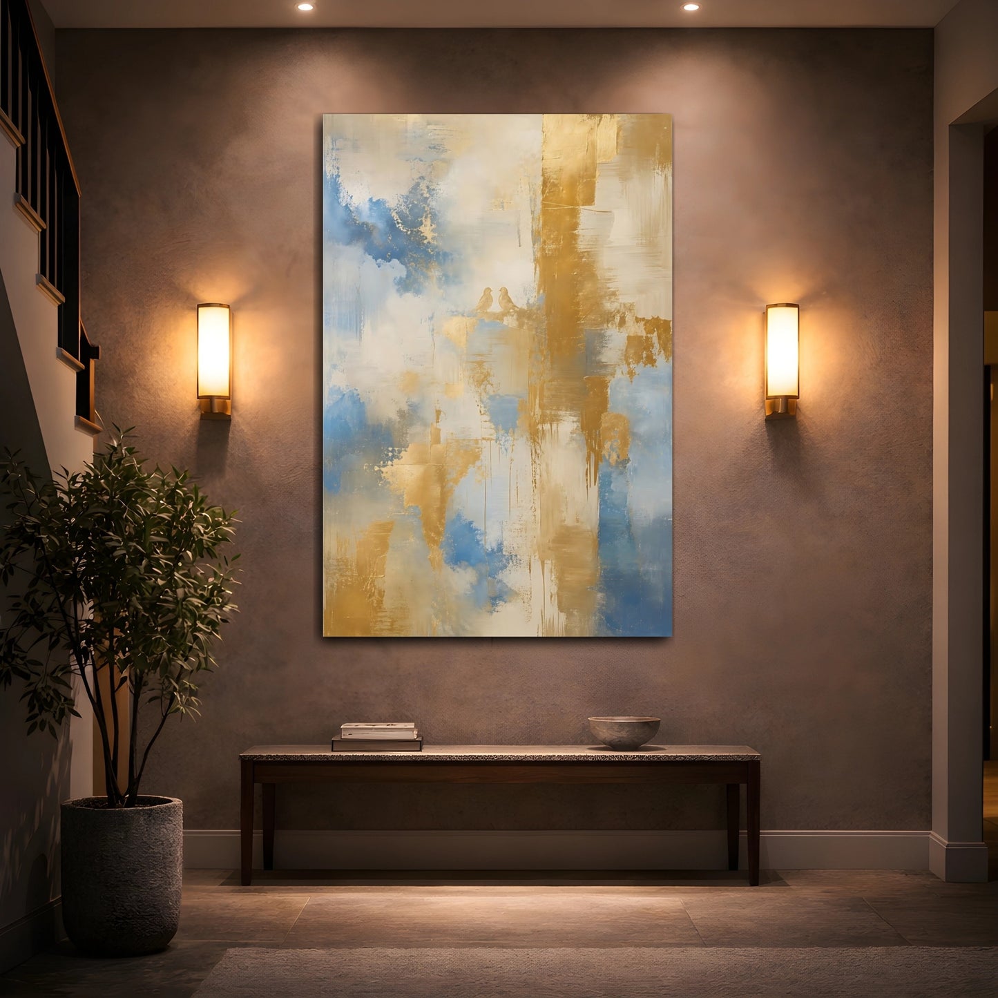 Mockup 2. Birds Love Birds Blue Gold Abstract shown as stretched canvas wall art