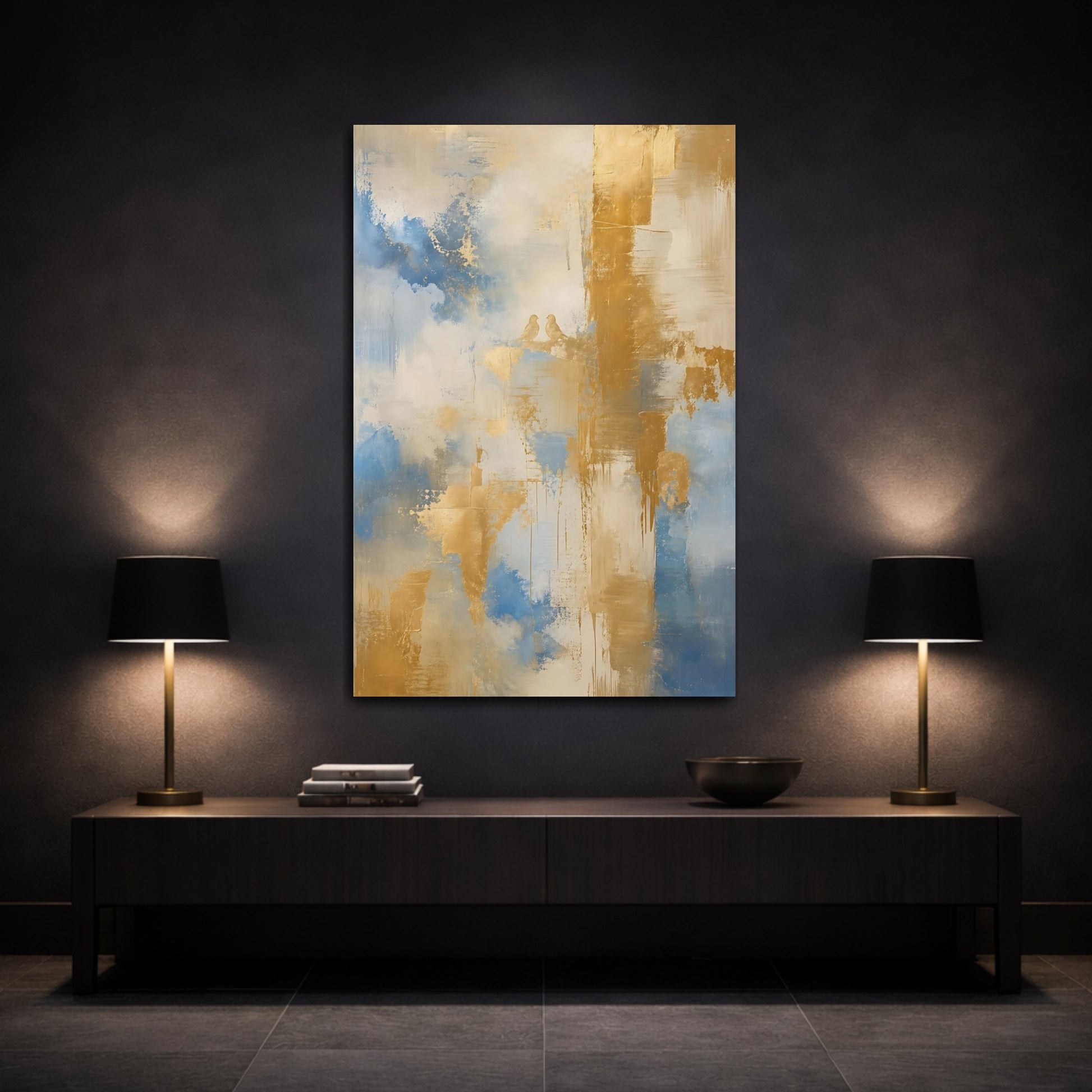 Mockup 3. Birds Love Birds Blue Gold Abstract shown as stretched canvas wall art