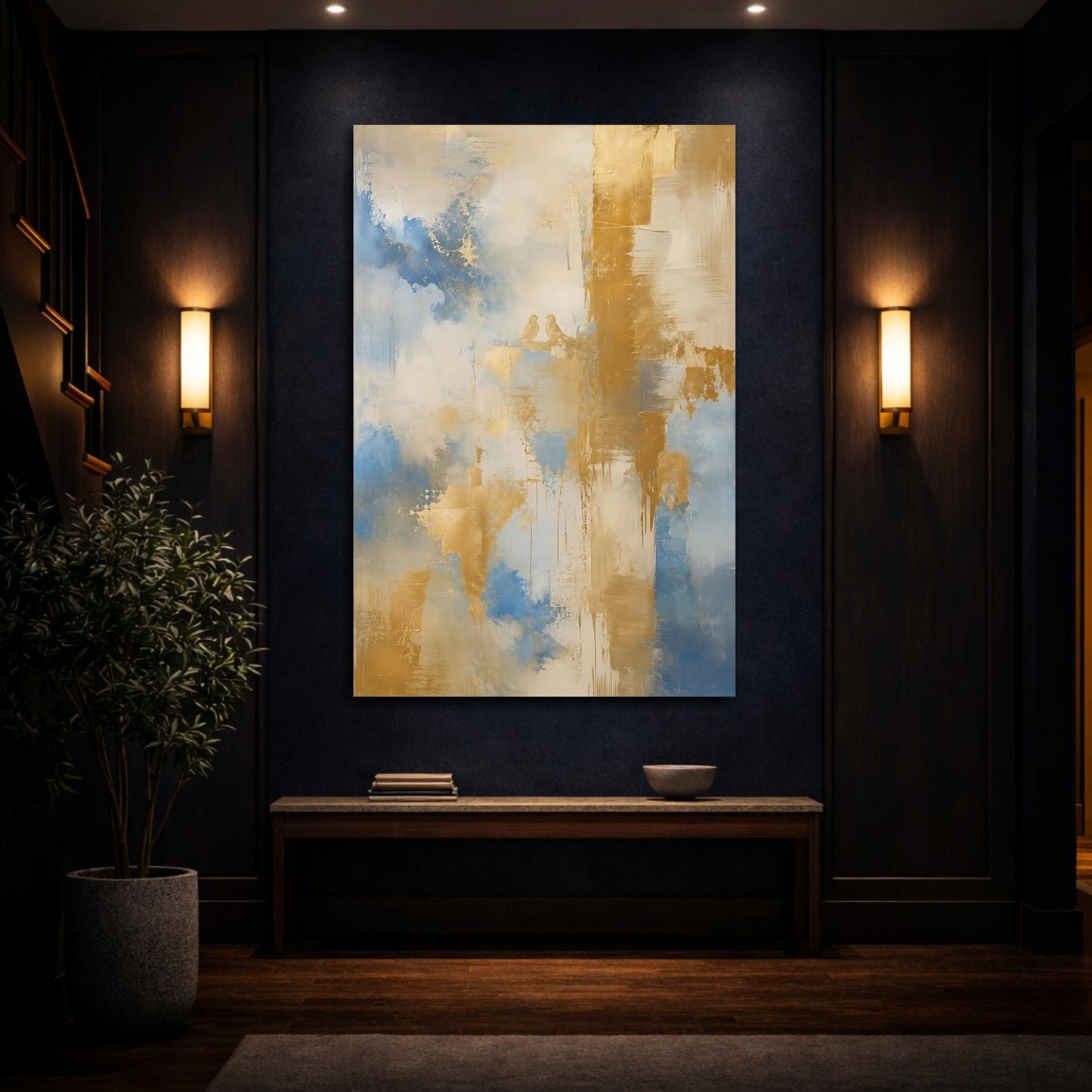 Mockup 4. Birds Love Birds Blue Gold Abstract shown as stretched canvas wall art
