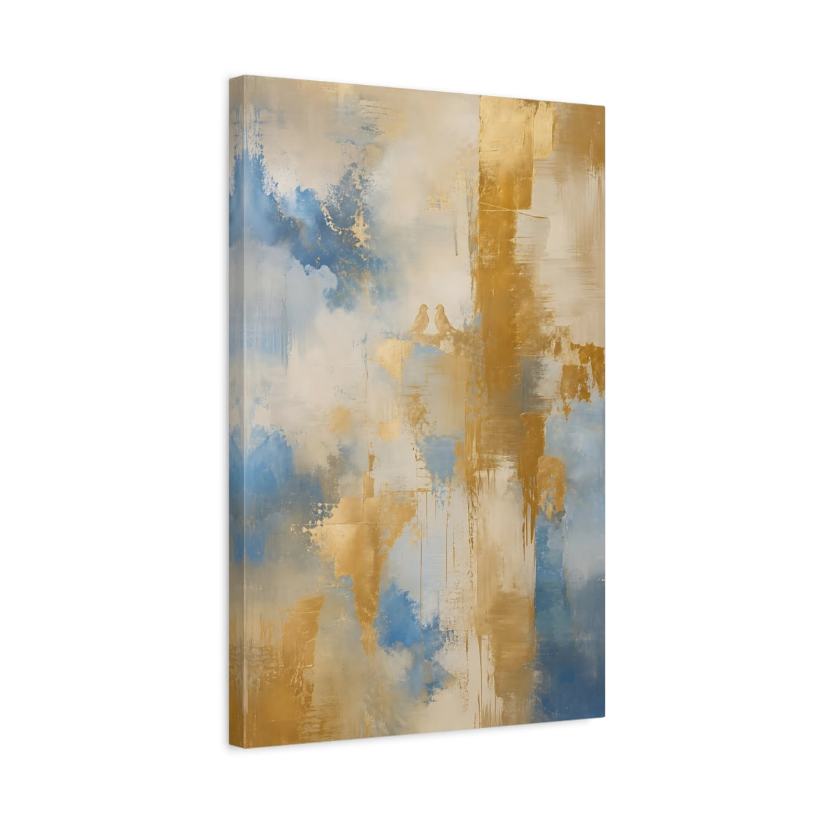 Side Mockup 3. Birds Love Birds Blue Gold Abstract shown as stretched canvas wall art