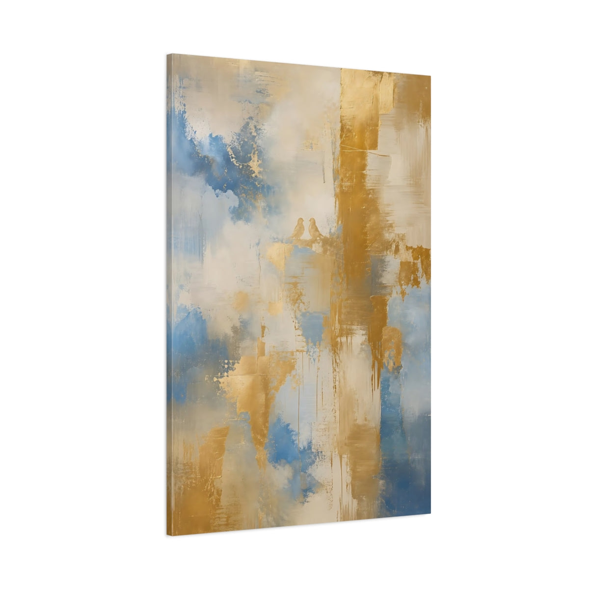 Side Mockup 1. Birds Love Birds Blue Gold Abstract shown as stretched canvas wall art