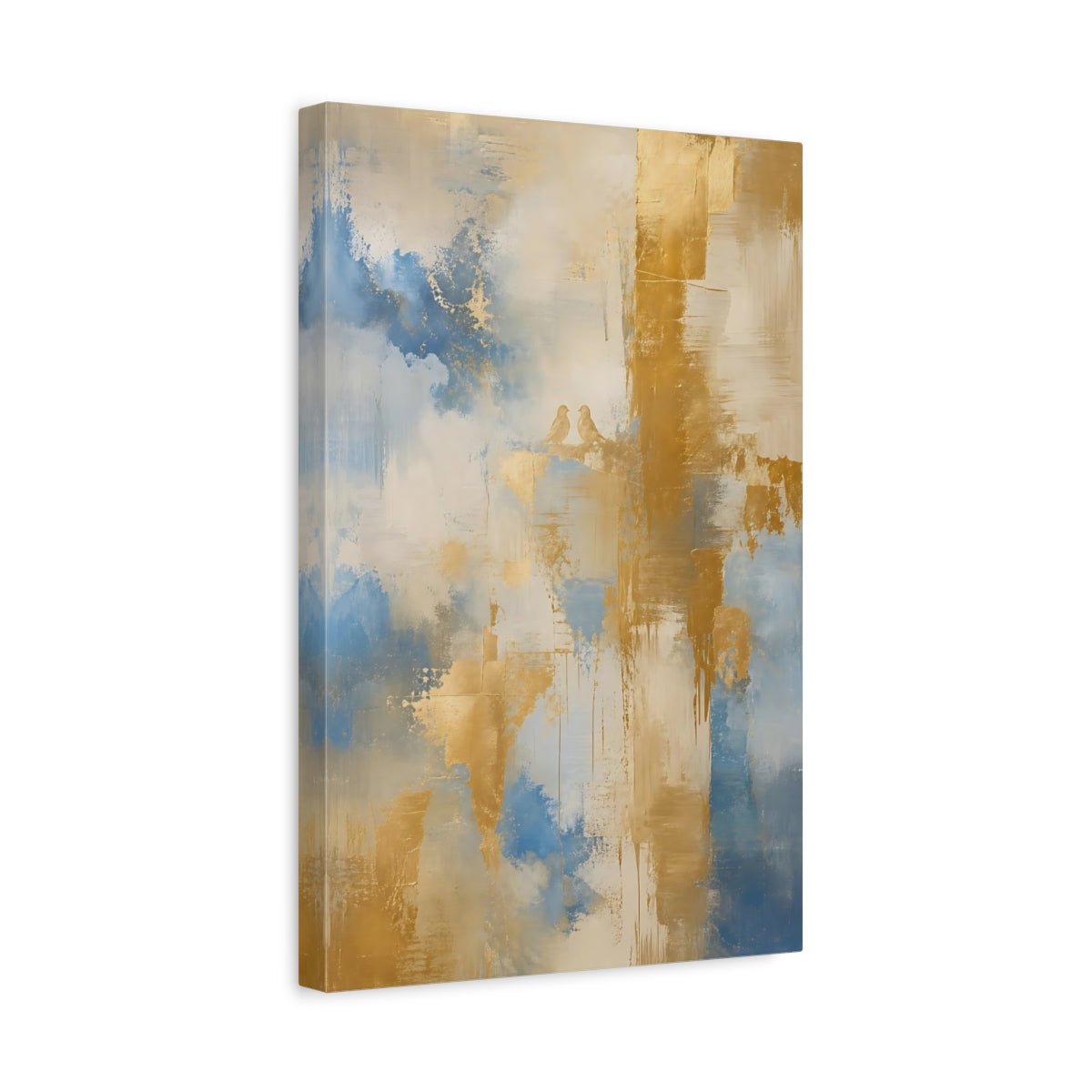 Side Mockup 4. Birds Love Birds Blue Gold Abstract shown as stretched canvas wall art