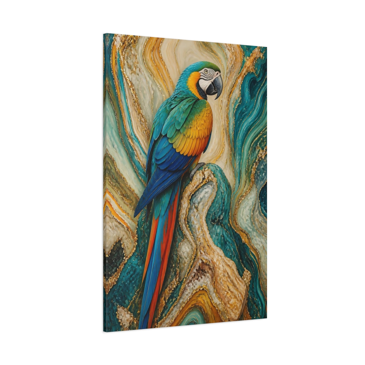 Side Mockup 1. Birds Macaw Parrot Macaw Gold Teal shown as stretched canvas wall art