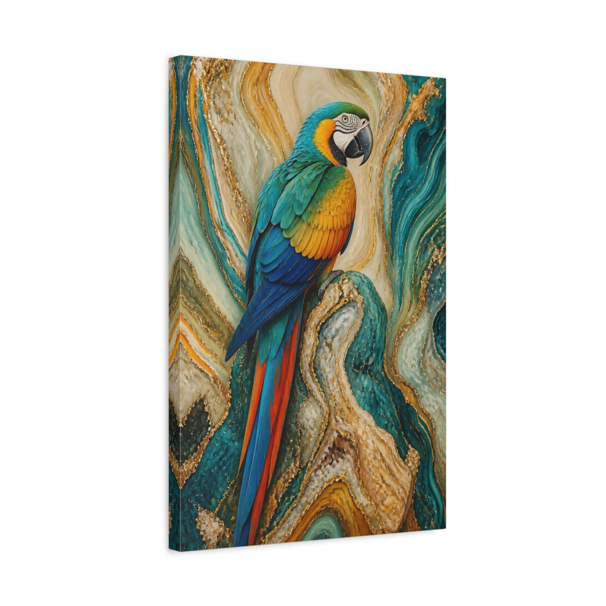 Side Mockup 3. Birds Macaw Parrot Macaw Gold Teal shown as stretched canvas wall art