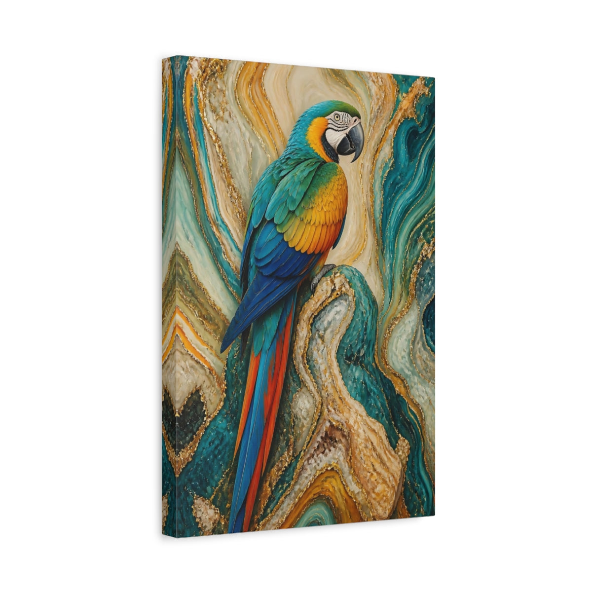 Side Mockup 4. Birds Macaw Parrot Macaw Gold Teal shown as stretched canvas wall art