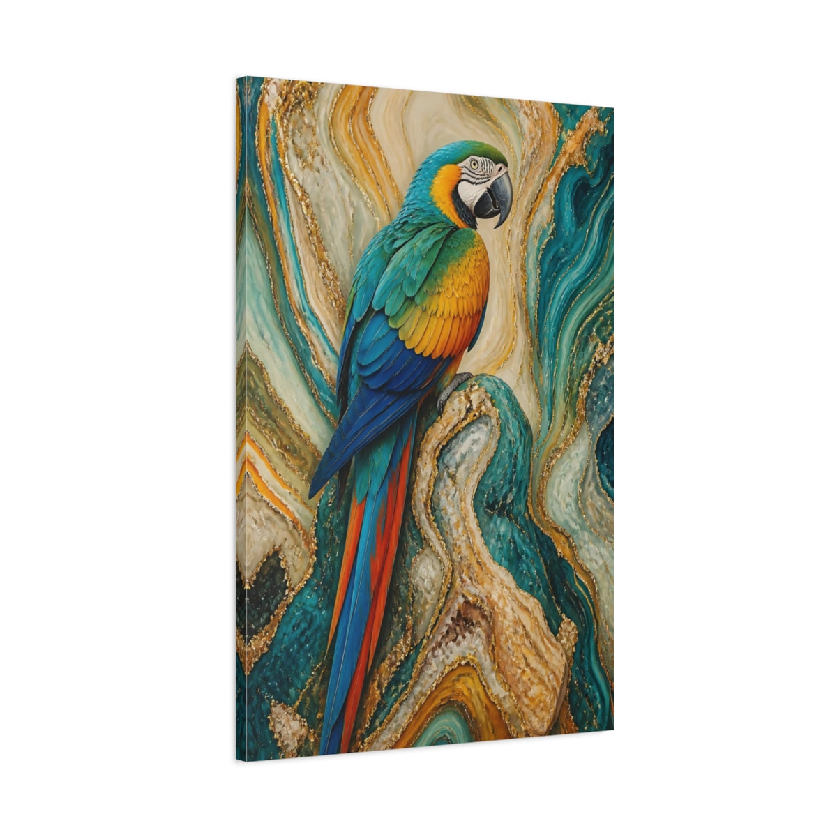 Main Mockup. Birds Macaw Parrot Macaw Gold Teal shown as stretched canvas wall art