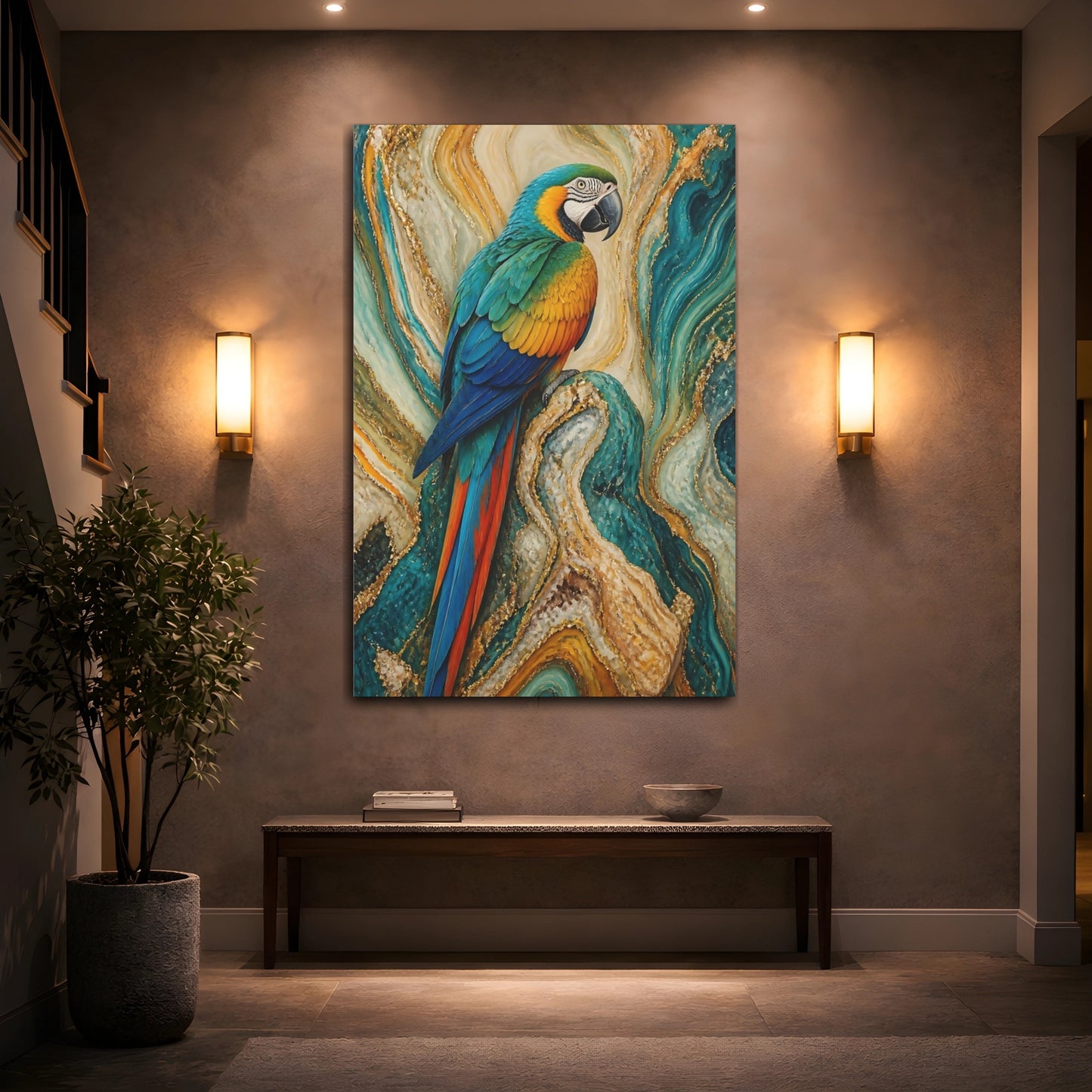 Mockup 2. Birds Macaw Parrot Macaw Gold Teal shown as stretched canvas wall art