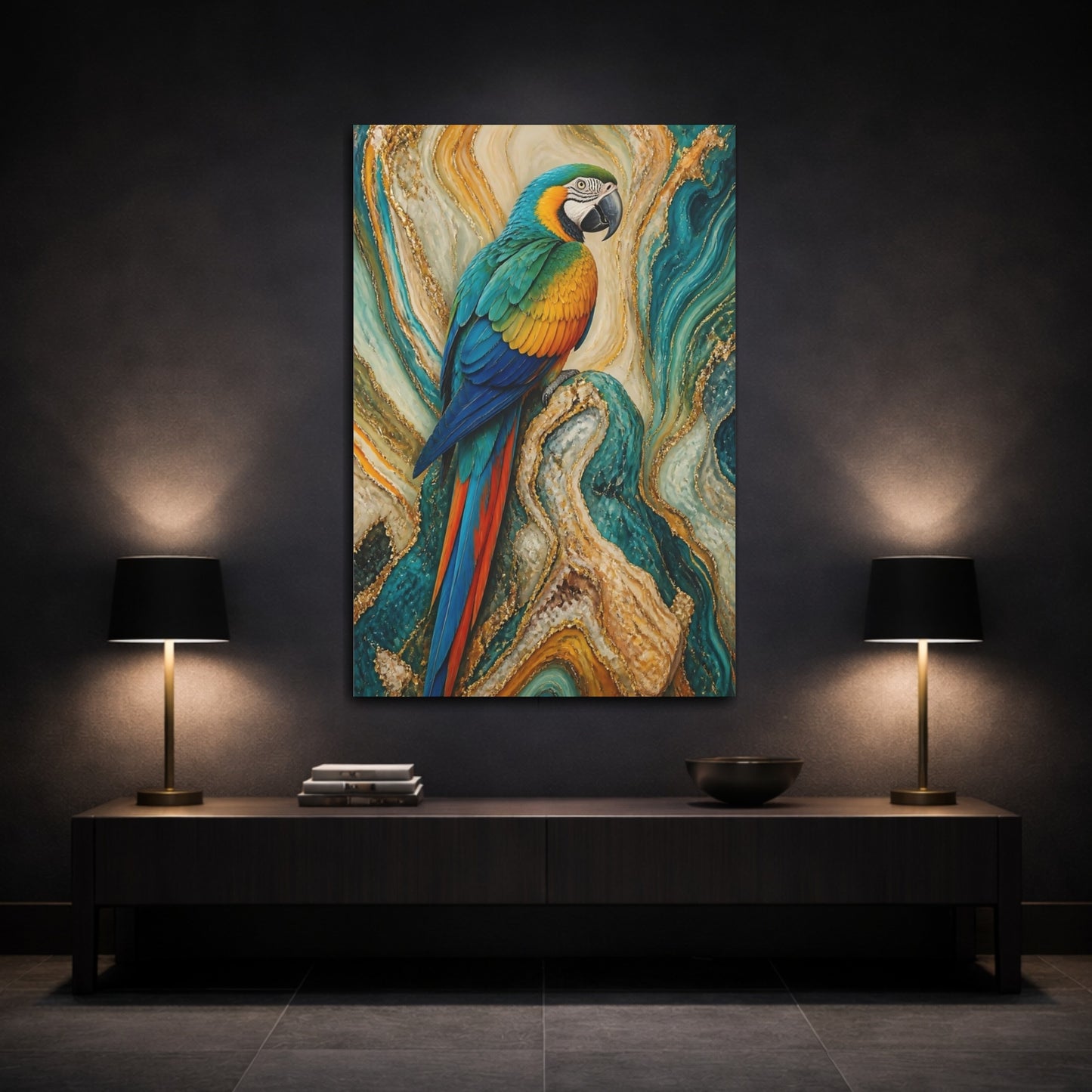 Mockup 3. Birds Macaw Parrot Macaw Gold Teal shown as stretched canvas wall art