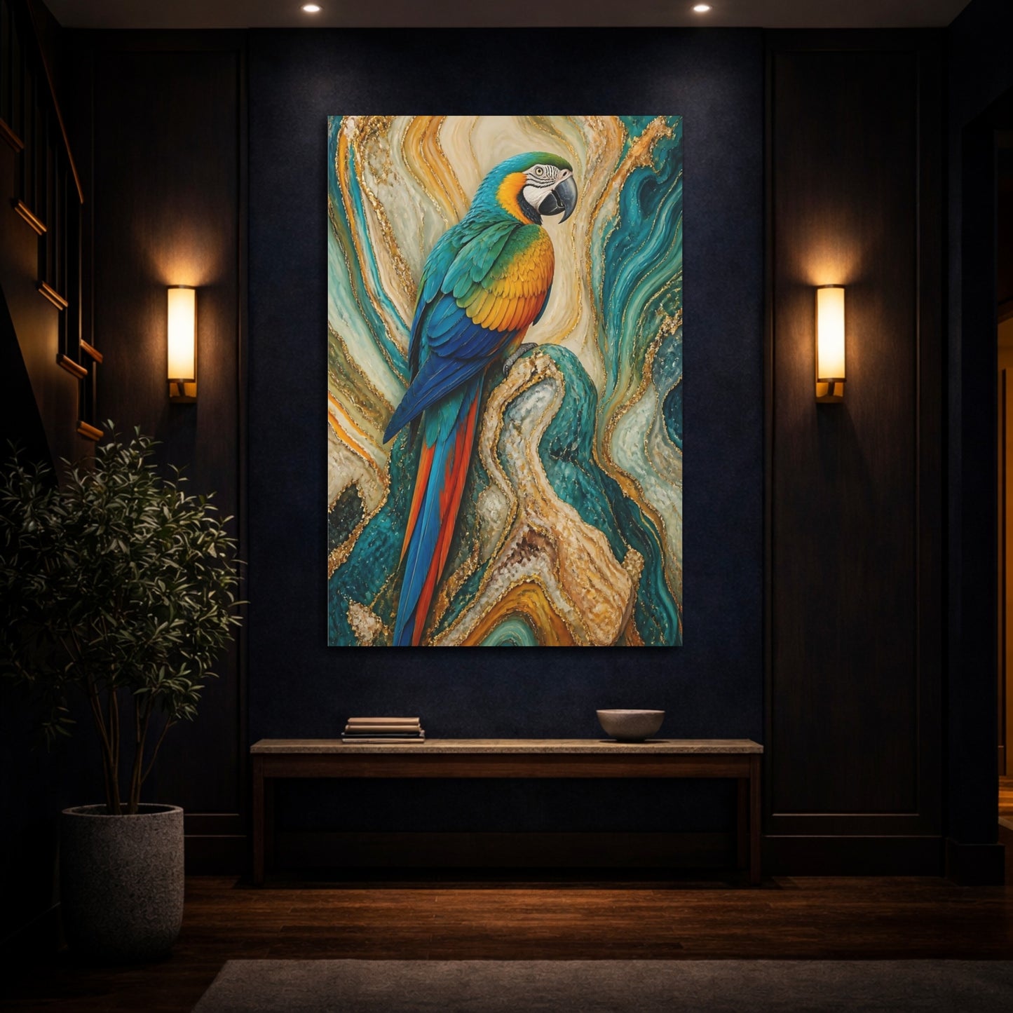 Mockup 4. Birds Macaw Parrot Macaw Gold Teal shown as stretched canvas wall art