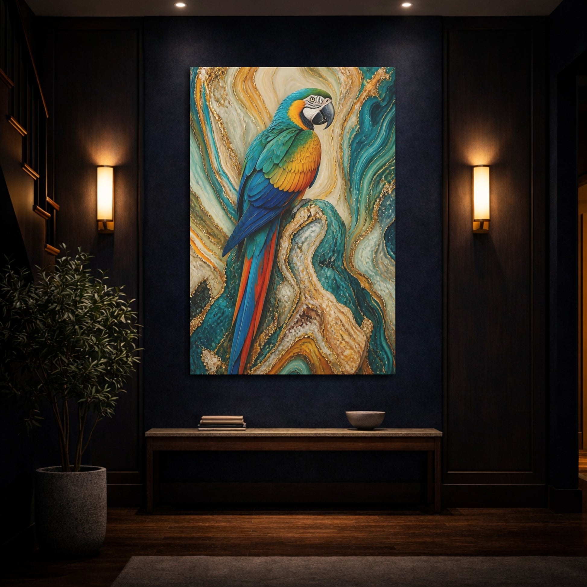 Mockup 4. Birds Macaw Parrot Macaw Gold Teal shown as stretched canvas wall art