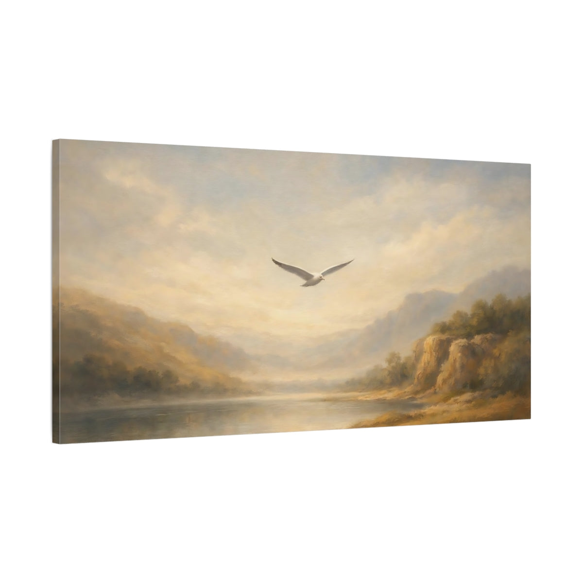 Side Mockup 1. Birds Bird Misty Landscape shown as stretched canvas wall art