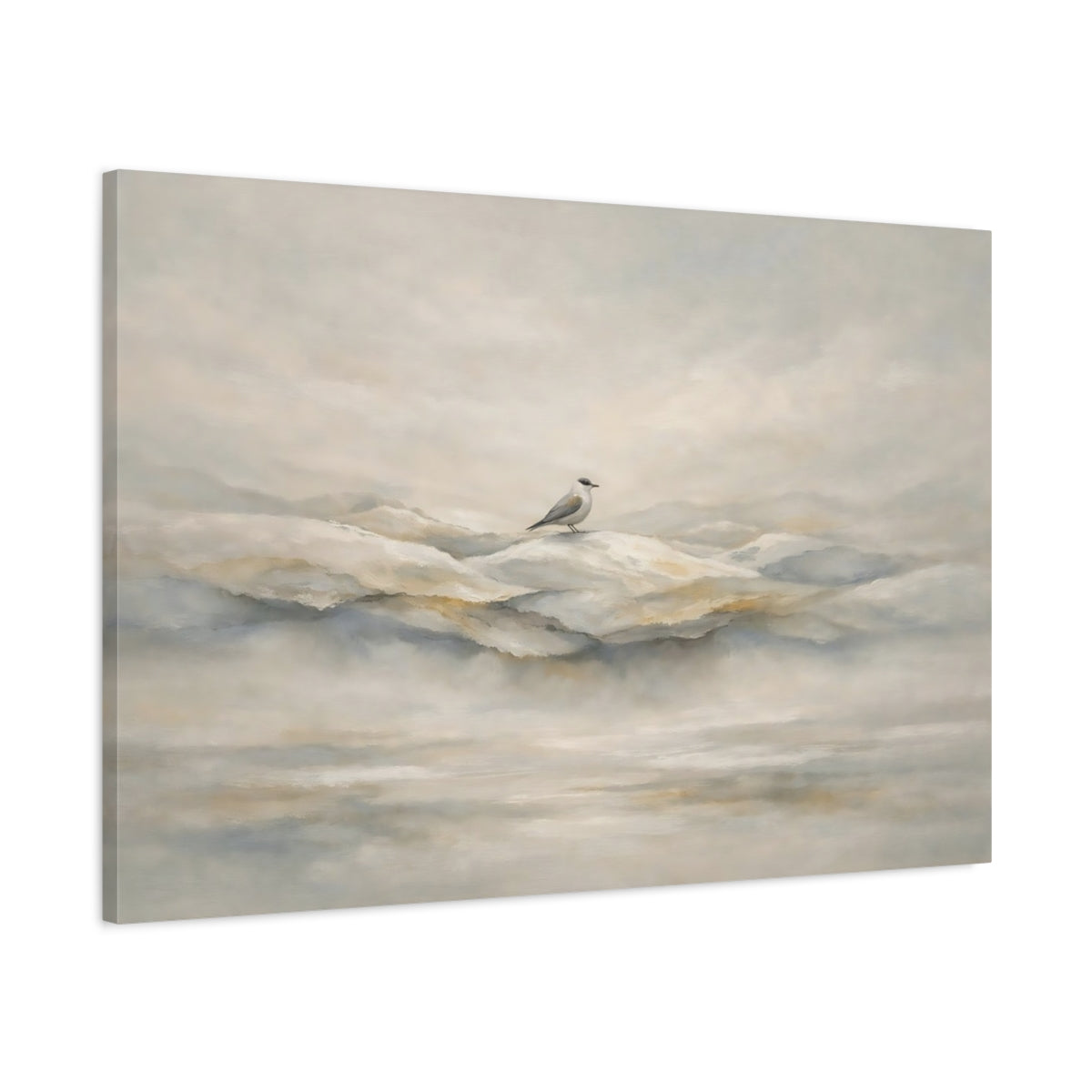 Side Mockup 1. Birds Bird Misty Neutral Bird shown as stretched canvas wall art