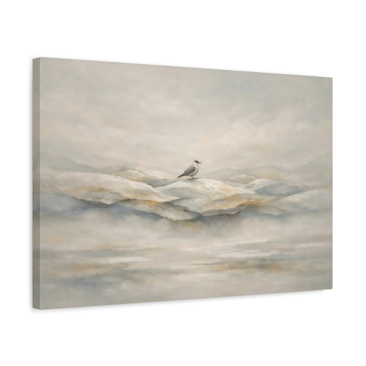 Side Mockup 3. Birds Bird Misty Neutral Bird shown as stretched canvas wall art