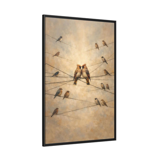 Main Mockup. Birds Nuzzling Birds Brown Birds shown as stretched canvas wall art