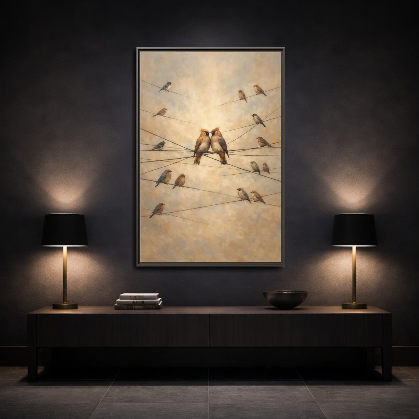 Mockup 2. Birds Nuzzling Birds Brown Birds shown as stretched canvas wall art