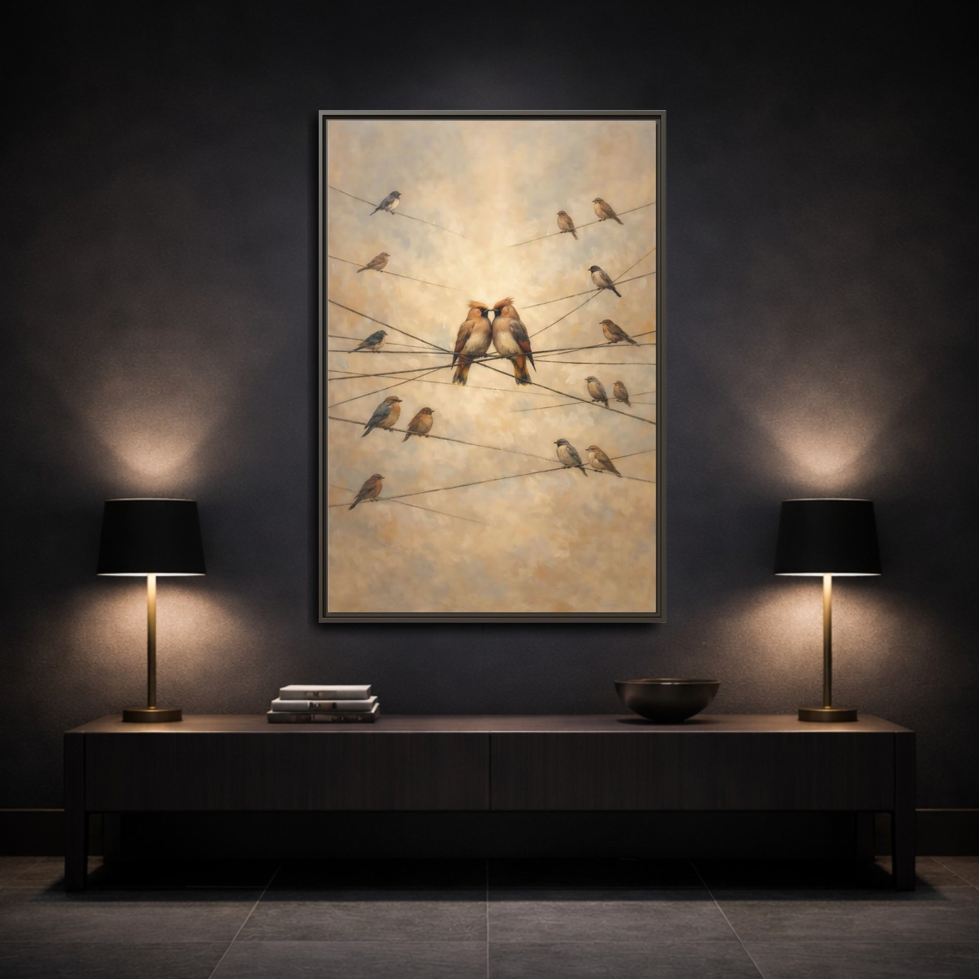 Mockup 2. Birds Nuzzling Birds Brown Birds shown as stretched canvas wall art