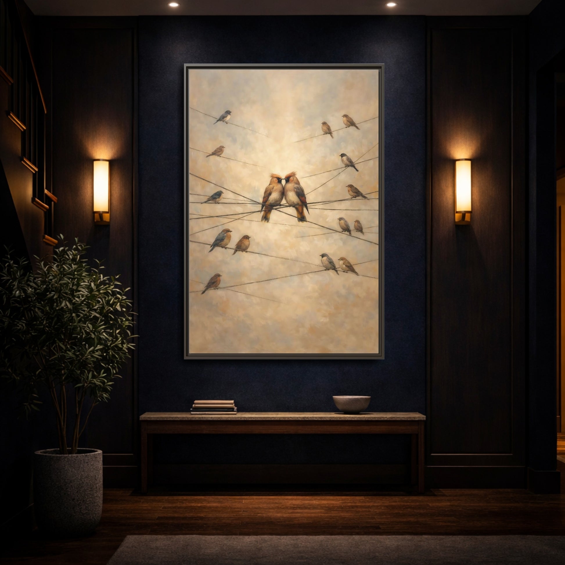 Mockup 3. Birds Nuzzling Birds Brown Birds shown as stretched canvas wall art