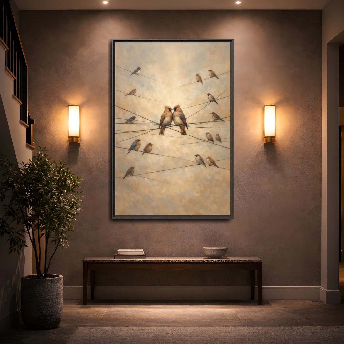 Mockup 4. Birds Nuzzling Birds Brown Birds shown as stretched canvas wall art