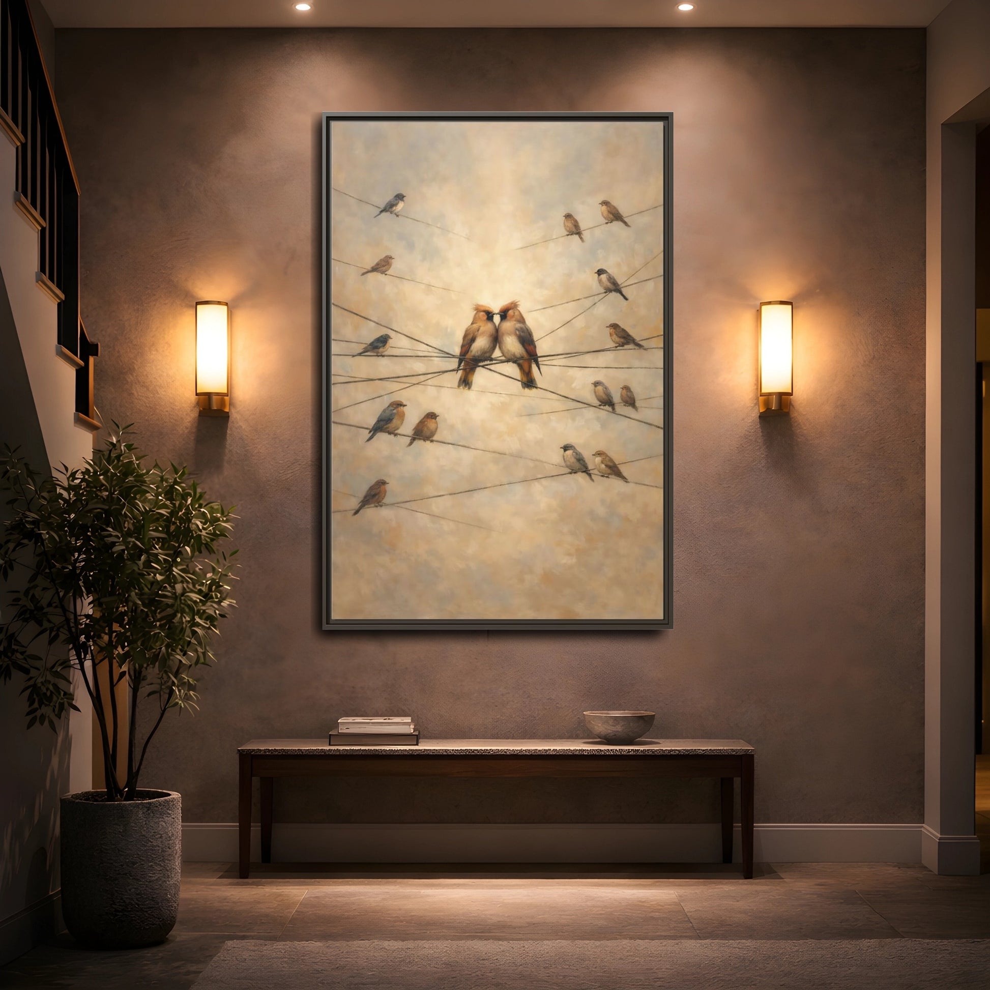 Mockup 4. Birds Nuzzling Birds Brown Birds shown as stretched canvas wall art